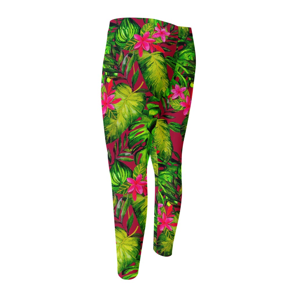 Pink Hawaiian Tropical Pattern Print Men's Compression Pants