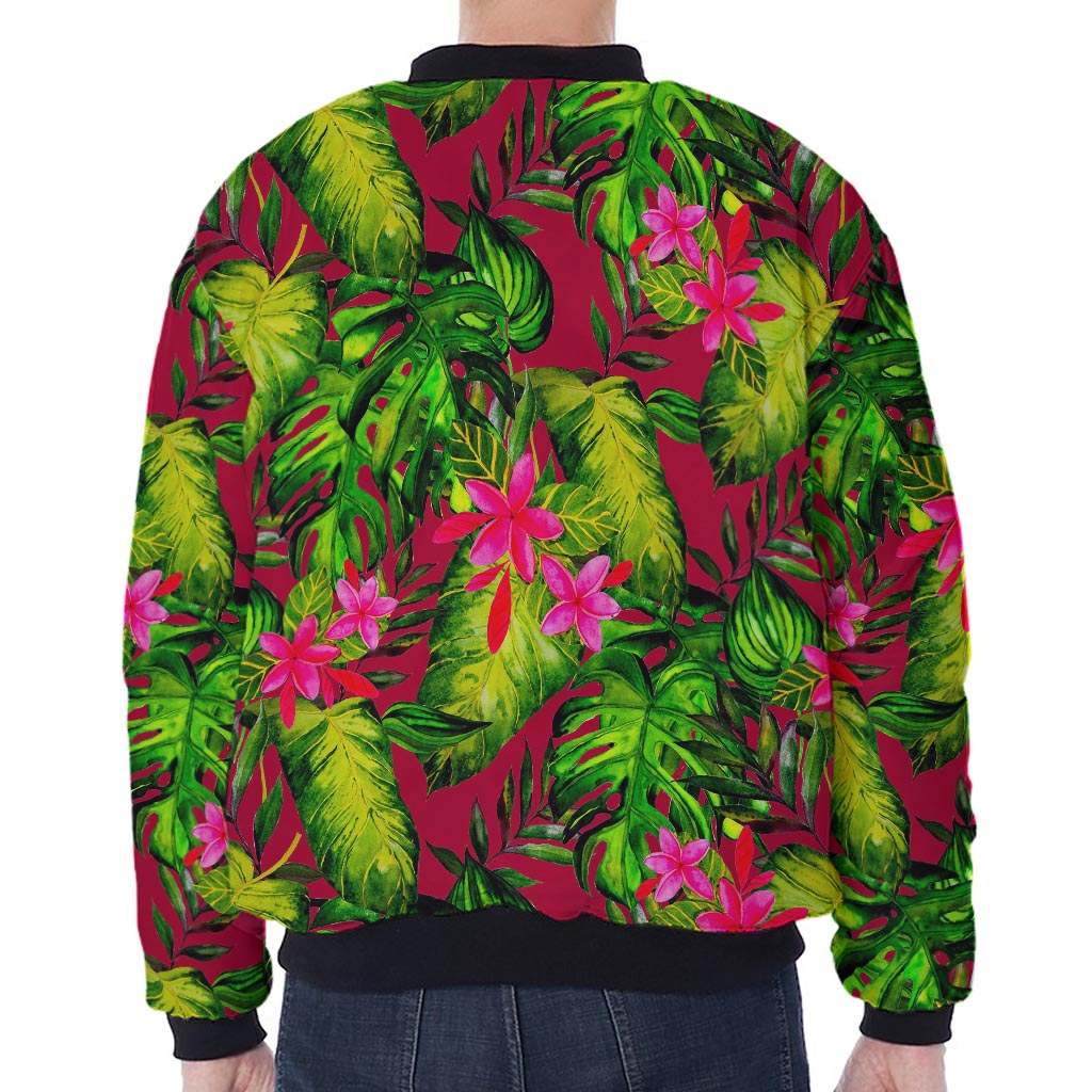 Pink Hawaiian Tropical Pattern Print Zip Sleeve Bomber Jacket