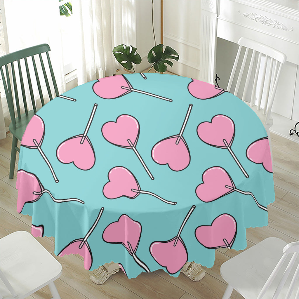 Pink Heart Lollipop Pattern Print Waterproof Round Tablecloth