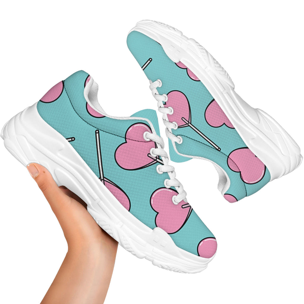 Pink Heart Lollipop Pattern Print White Chunky Shoes