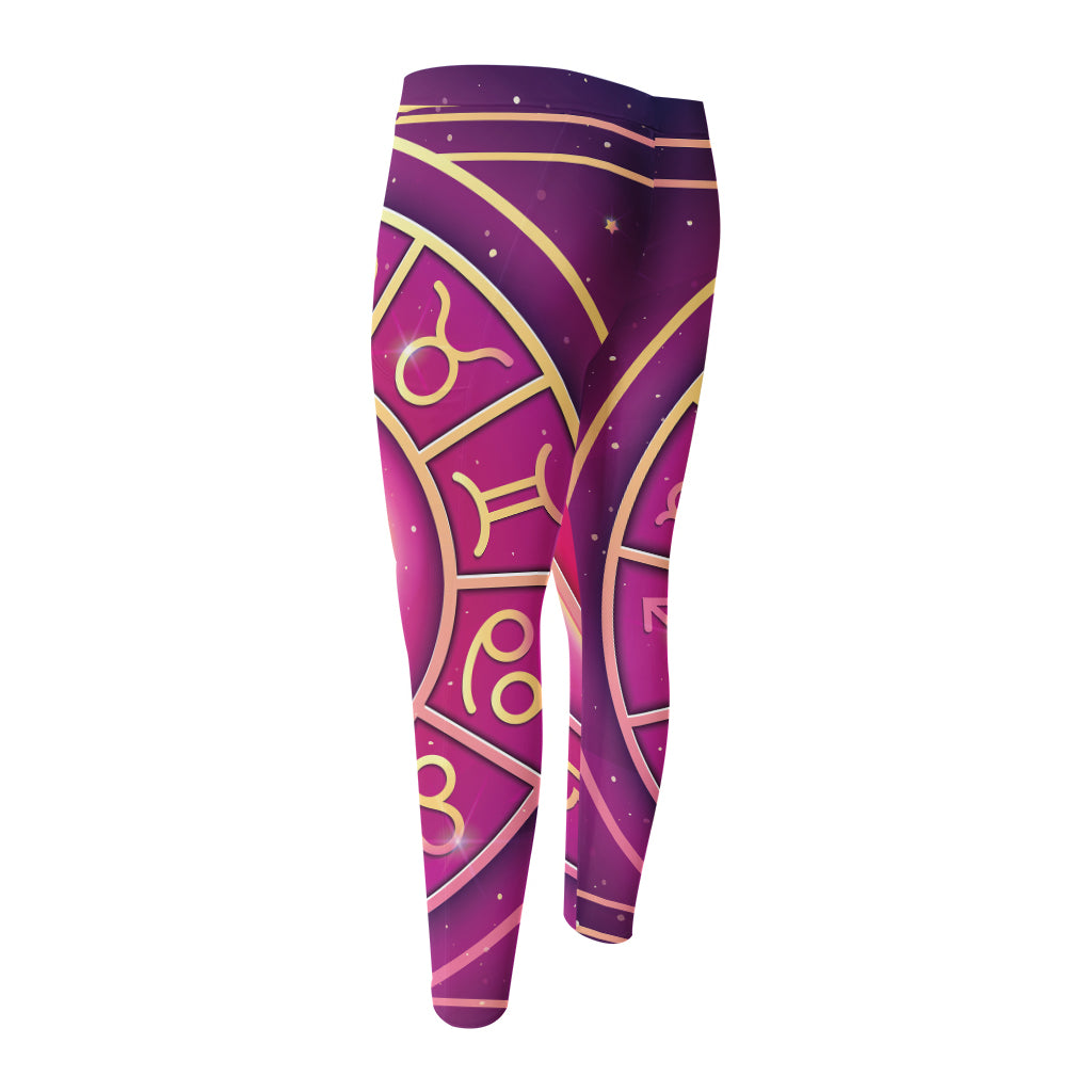 Pink Heart Zodiac Wheel Print Men's Compression Pants