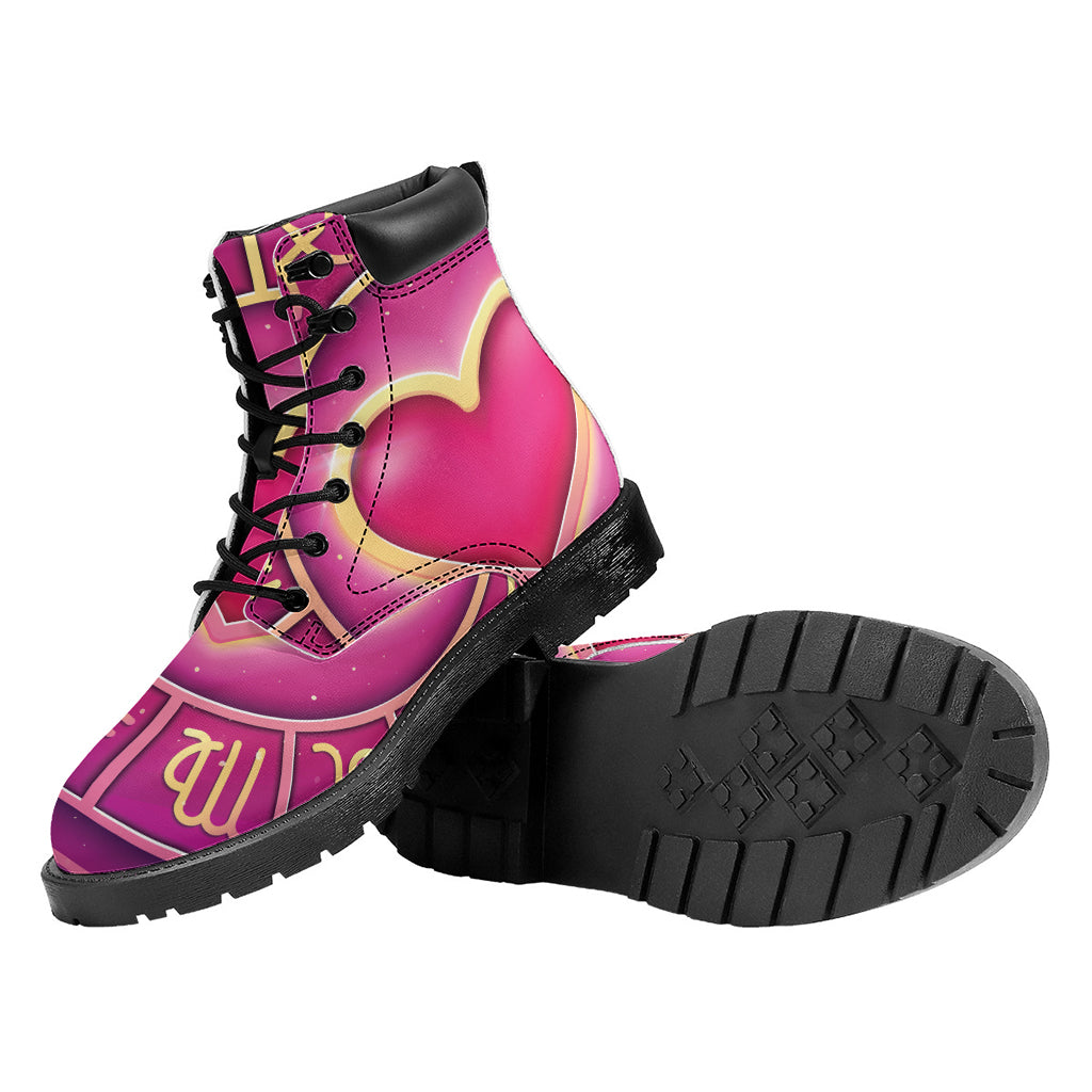 Pink Heart Zodiac Wheel Print Work Boots
