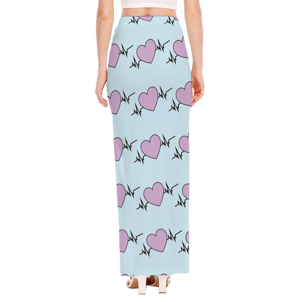 Pink Heartbeat Pattern Print High Slit Maxi Skirt