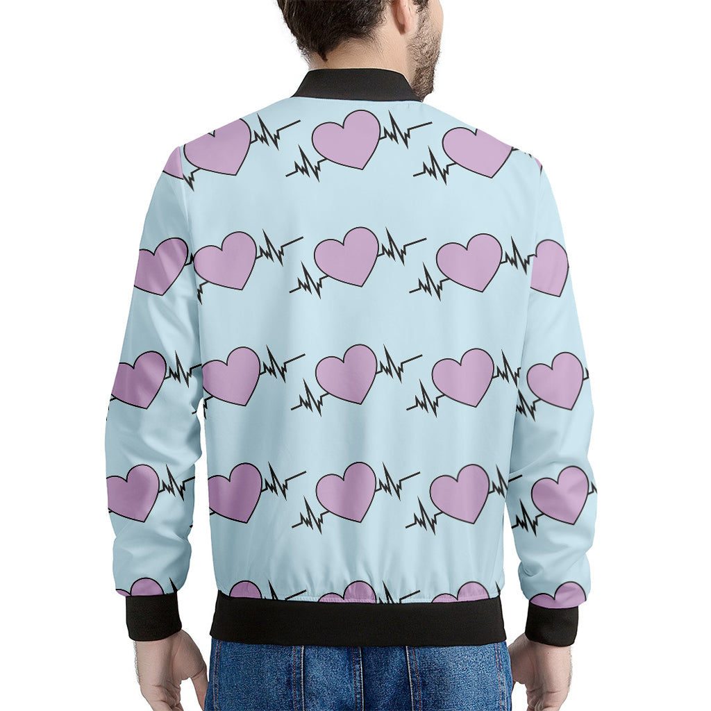 Pink Heartbeat Pattern Print Men's Bomber Jacket