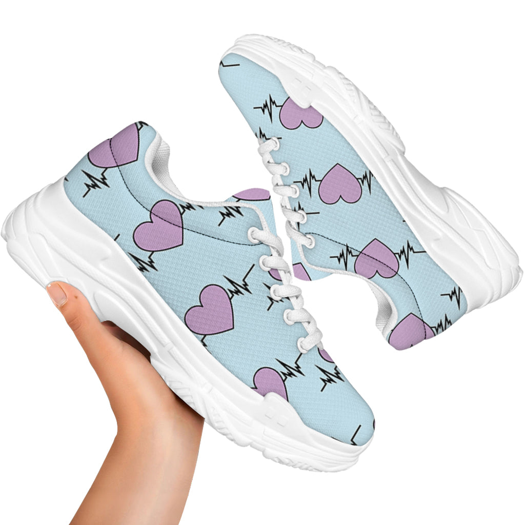 Pink Heartbeat Pattern Print White Chunky Shoes
