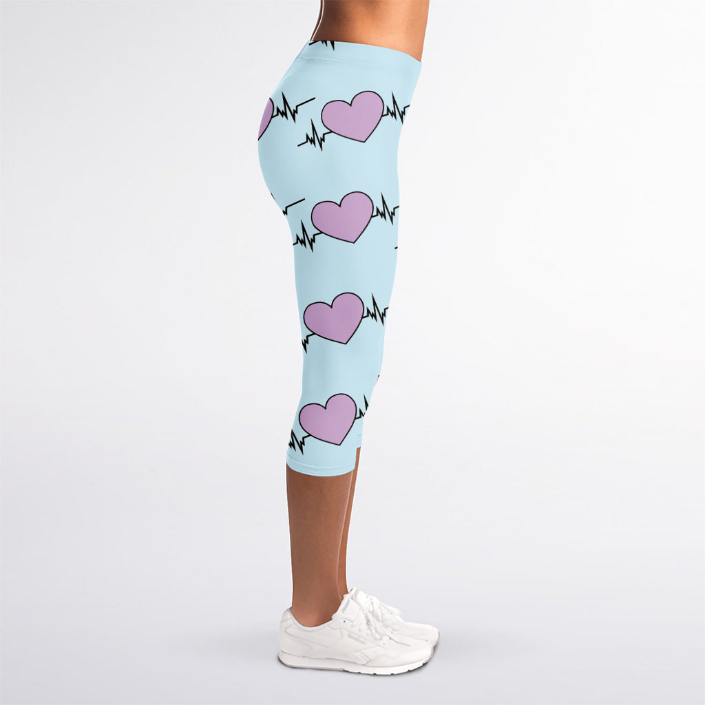 Pink Heartbeat Pattern Print Women's Capri Leggings