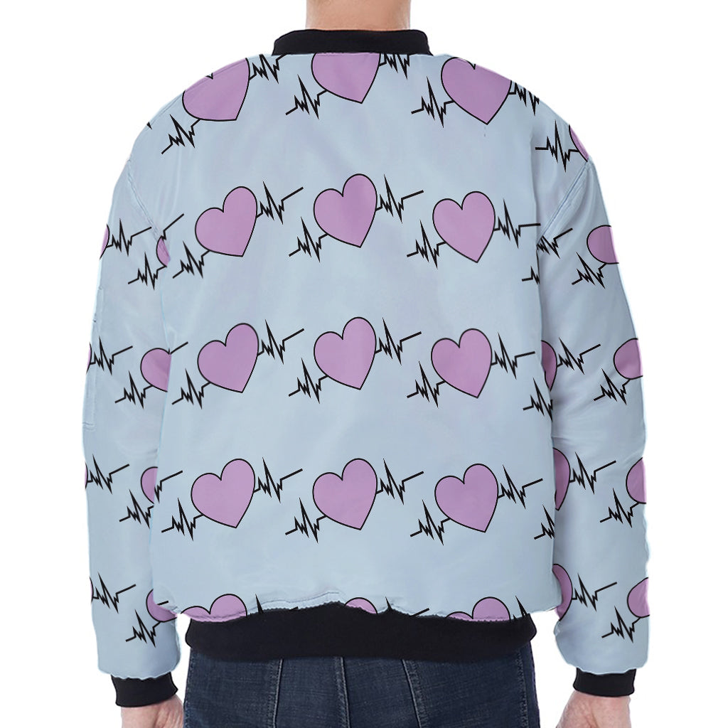 Pink Heartbeat Pattern Print Zip Sleeve Bomber Jacket