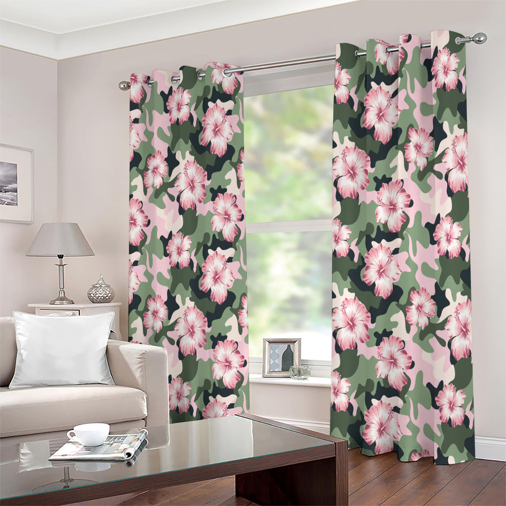 Pink Hibiscus Flower Camouflage Print Extra Wide Grommet Curtains