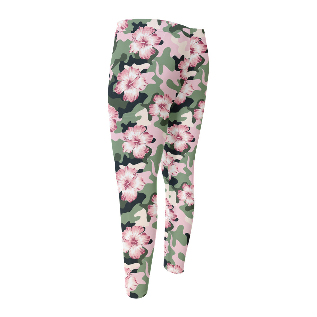 Pink Hibiscus Flower Camouflage Print Men's Compression Pants
