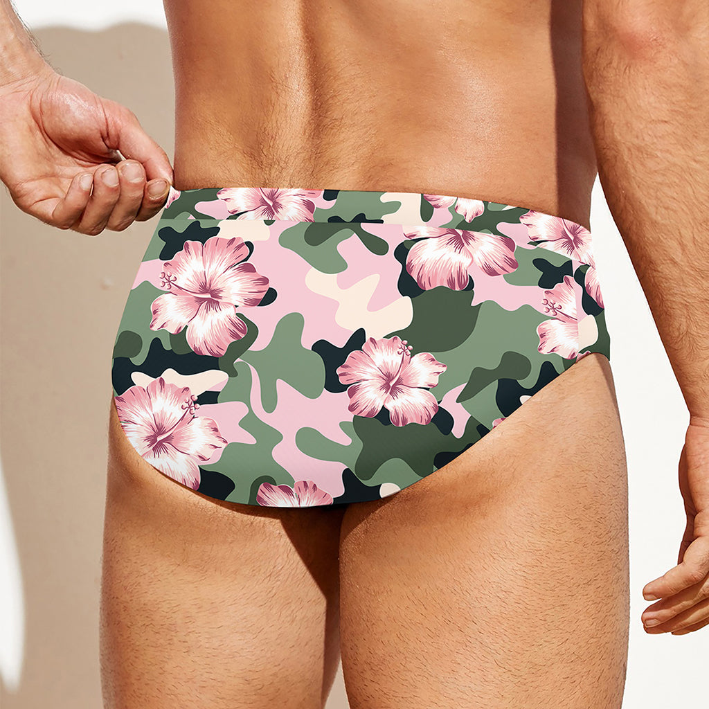 Pink Hibiscus Flower Camouflage Print Men's Swim Briefs