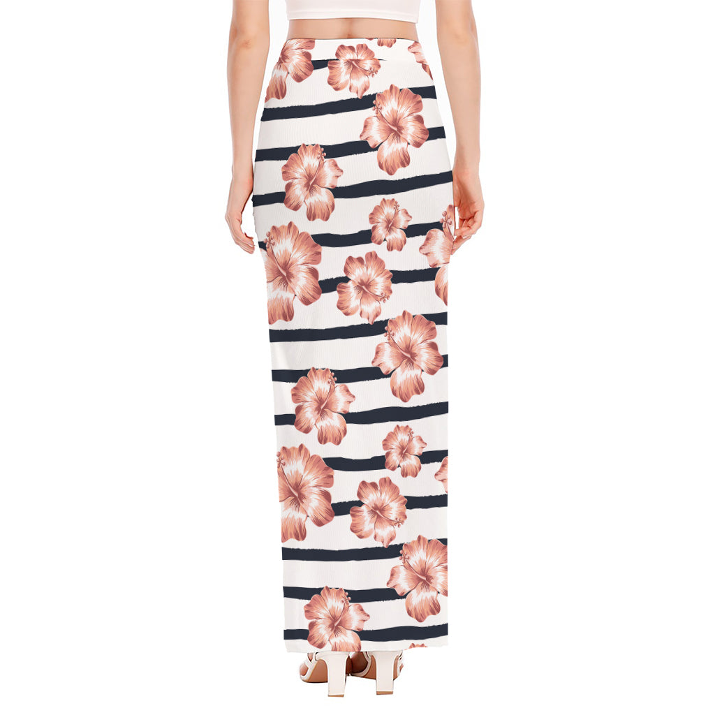 Pink Hibiscus Striped Pattern Print High Slit Maxi Skirt