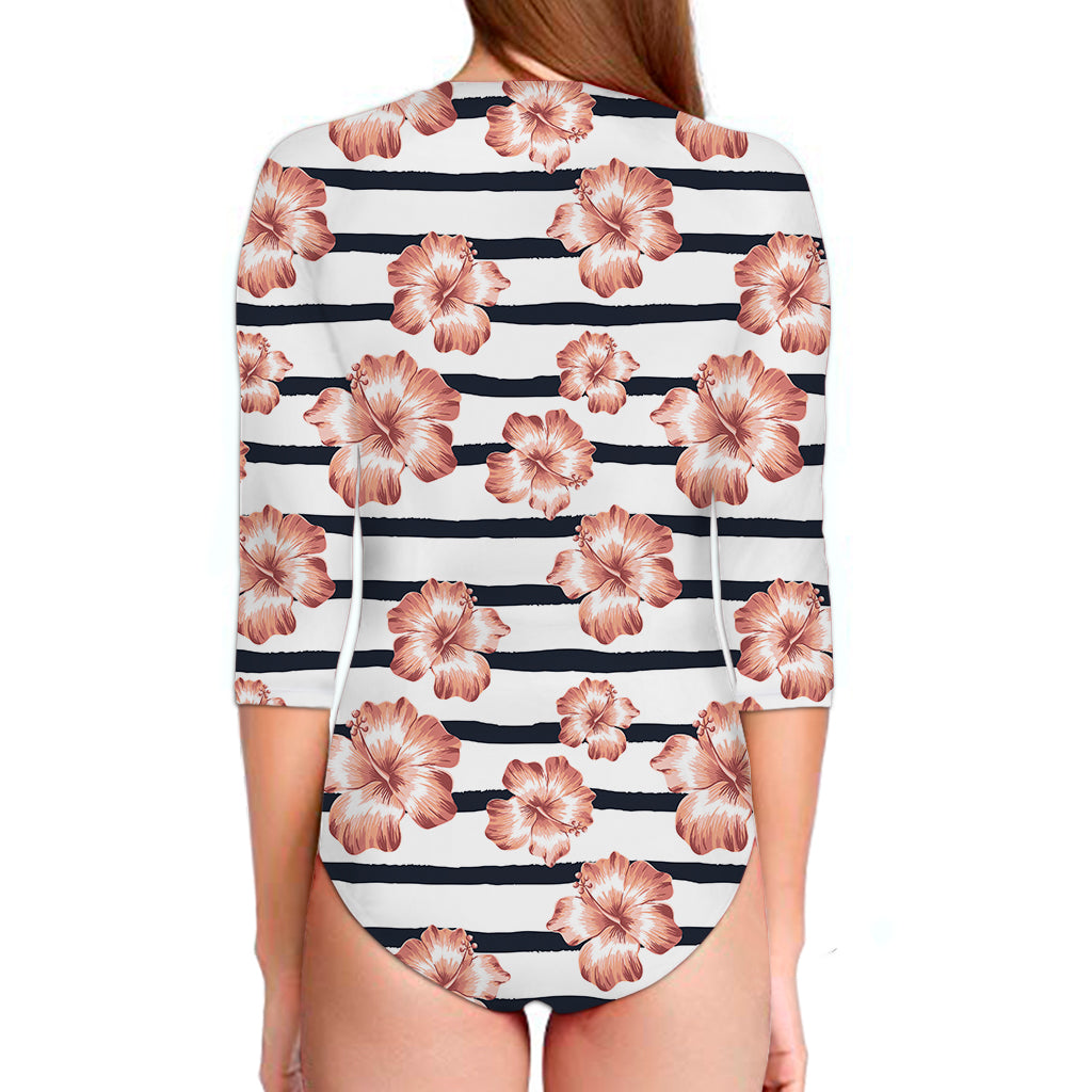 Pink Hibiscus Striped Pattern Print Long Sleeve Swimsuit