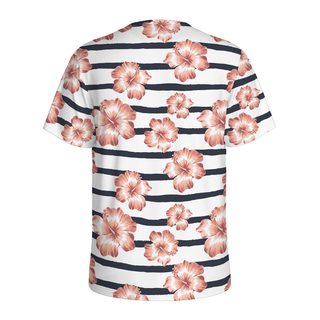 Pink Hibiscus Striped Pattern Print Men's Sports T-Shirt