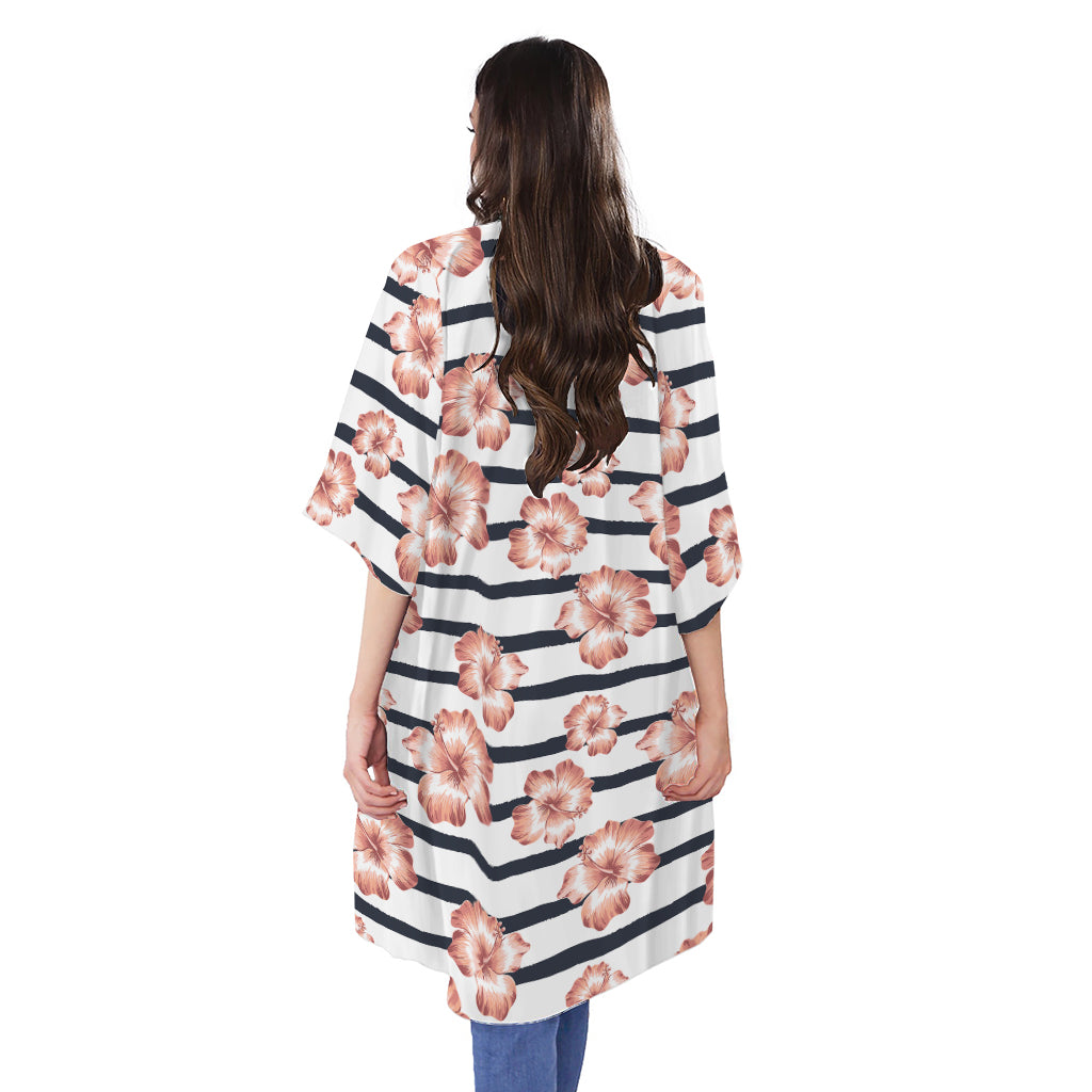 Pink Hibiscus Striped Pattern Print Open Front Beach Cover Up