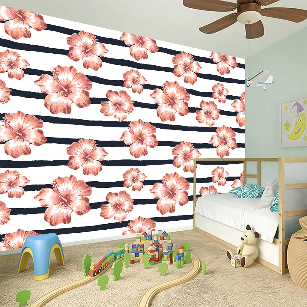 Pink Hibiscus Striped Pattern Print Wall Sticker