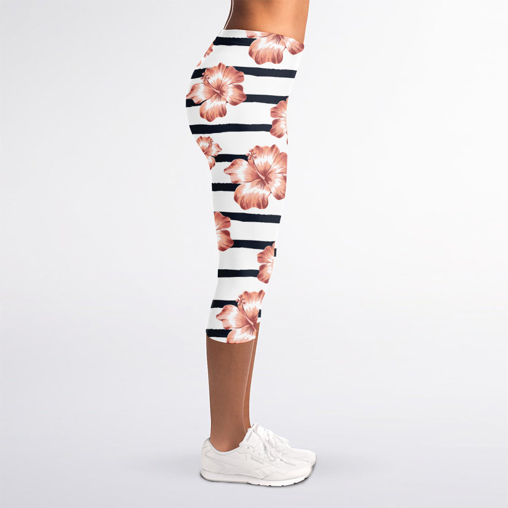 Pink Hibiscus Striped Pattern Print Women's Capri Leggings