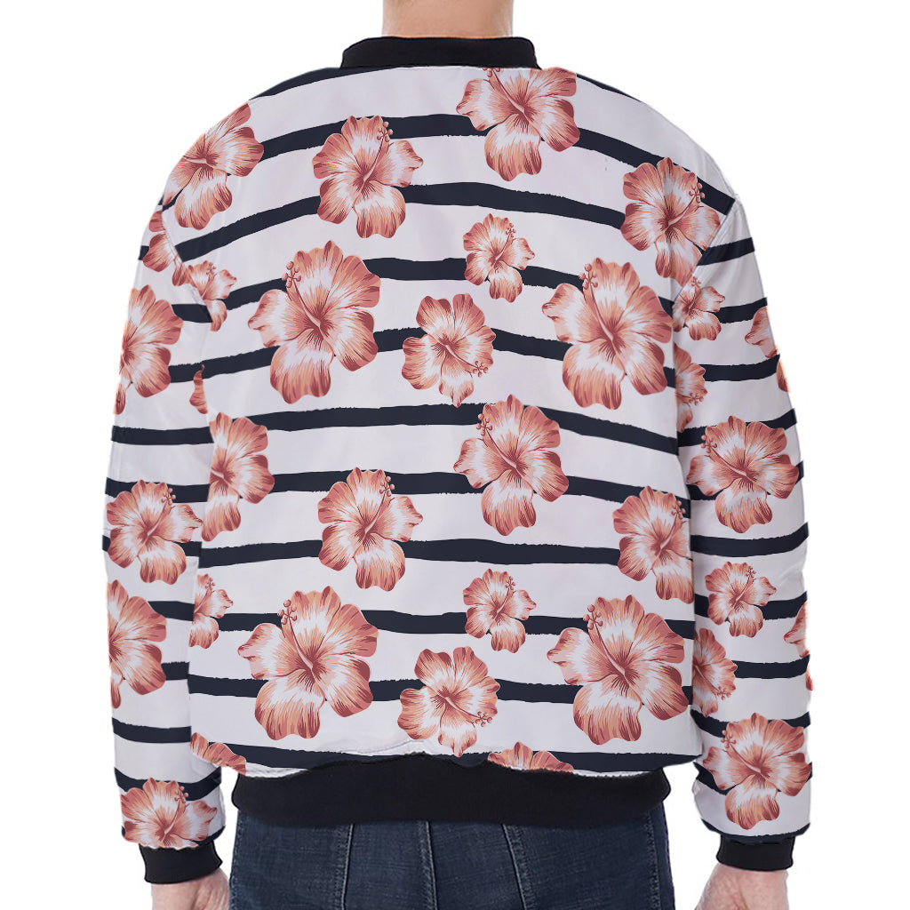 Pink Hibiscus Striped Pattern Print Zip Sleeve Bomber Jacket