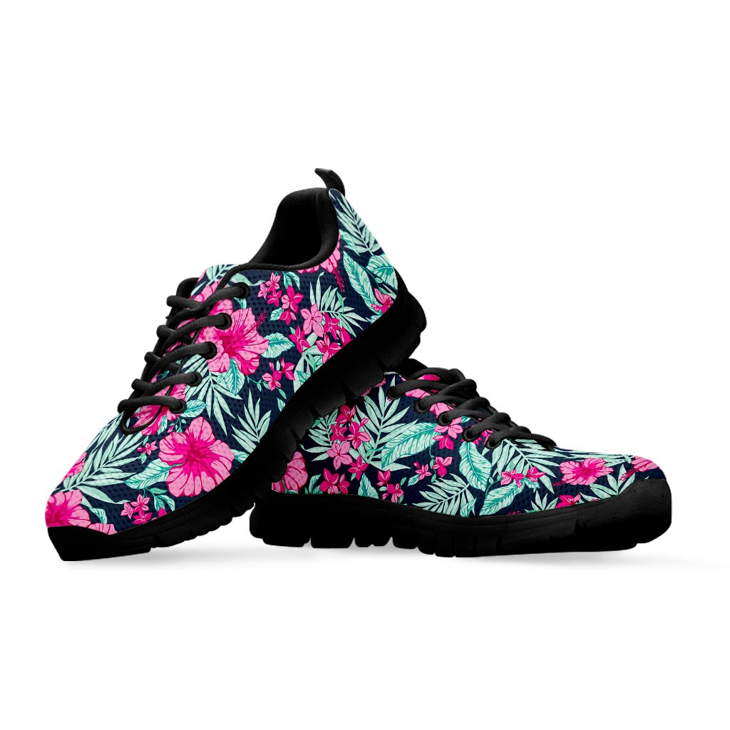 Pink Hibiscus Tropical Pattern Print Black Running Shoes