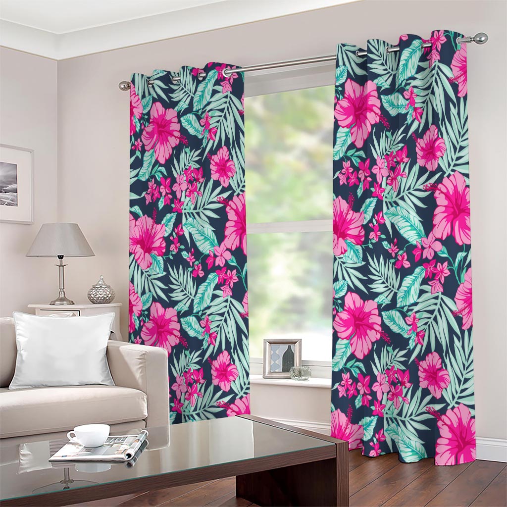 Pink Hibiscus Tropical Pattern Print Extra Wide Grommet Curtains