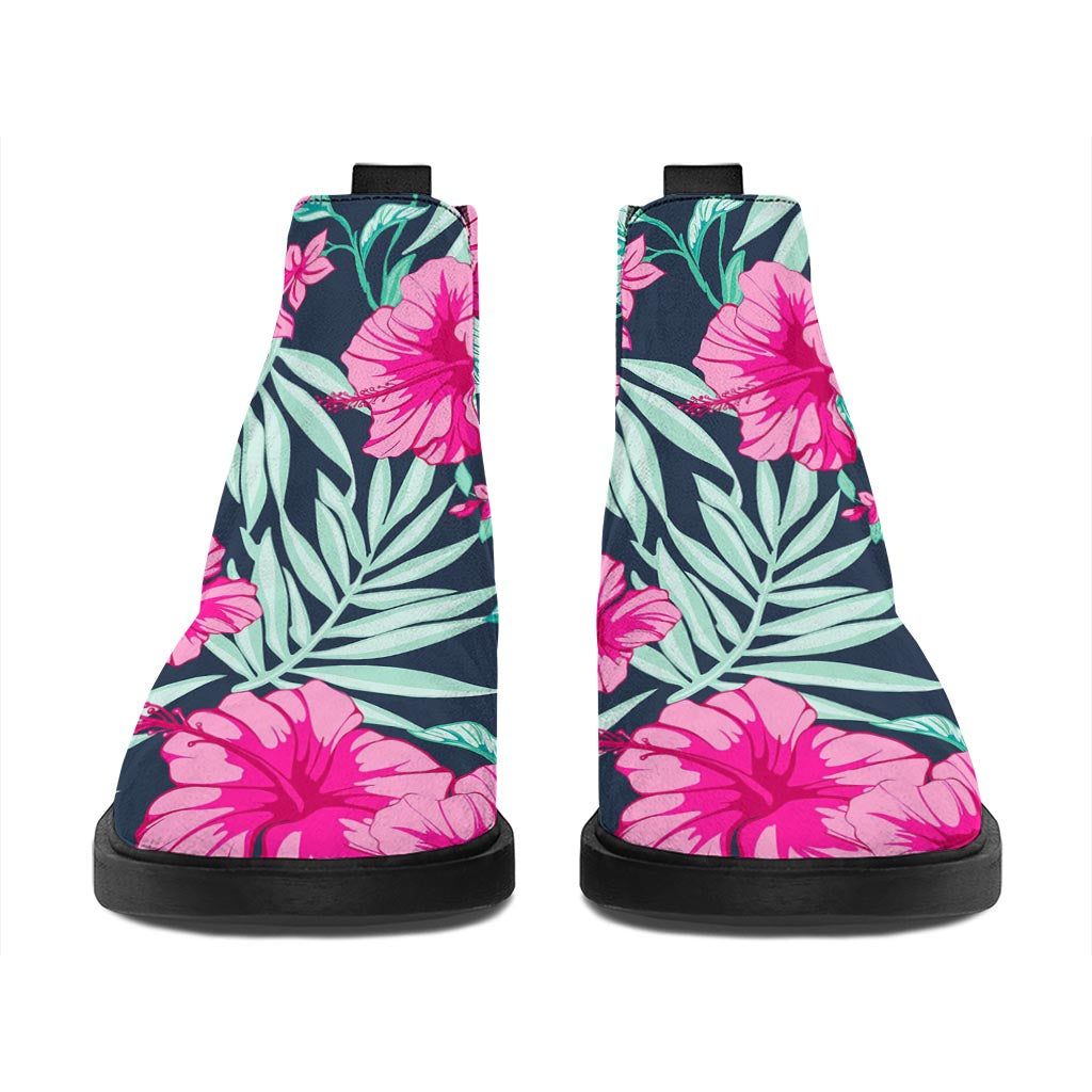 Pink Hibiscus Tropical Pattern Print Flat Ankle Boots