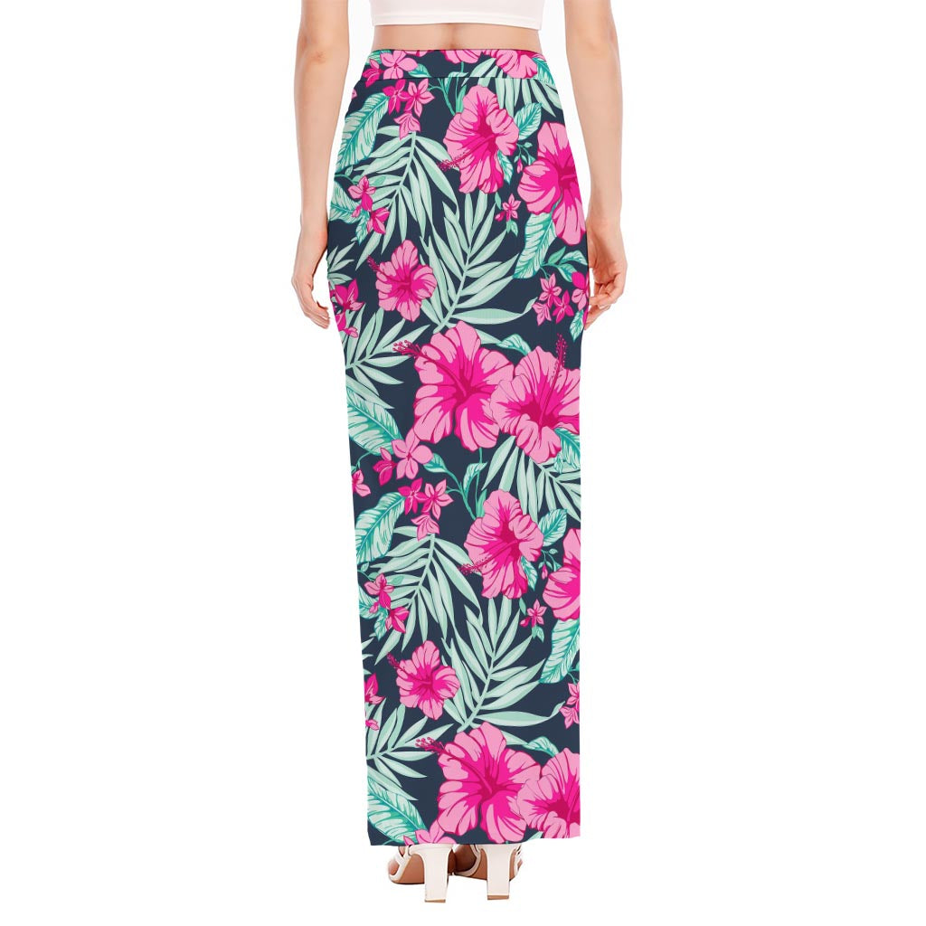 Pink Hibiscus Tropical Pattern Print High Slit Maxi Skirt
