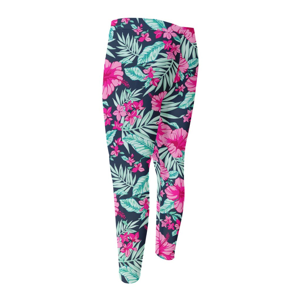 Pink Hibiscus Tropical Pattern Print Men's Compression Pants