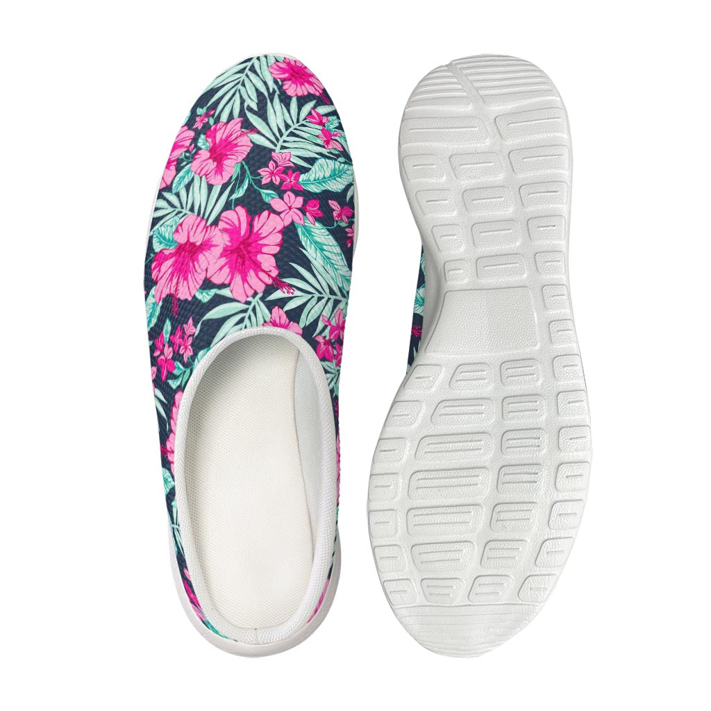 Pink Hibiscus Tropical Pattern Print Mesh Casual Shoes