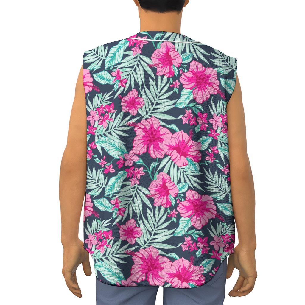 Pink Hibiscus Tropical Pattern Print Sleeveless Baseball Jersey