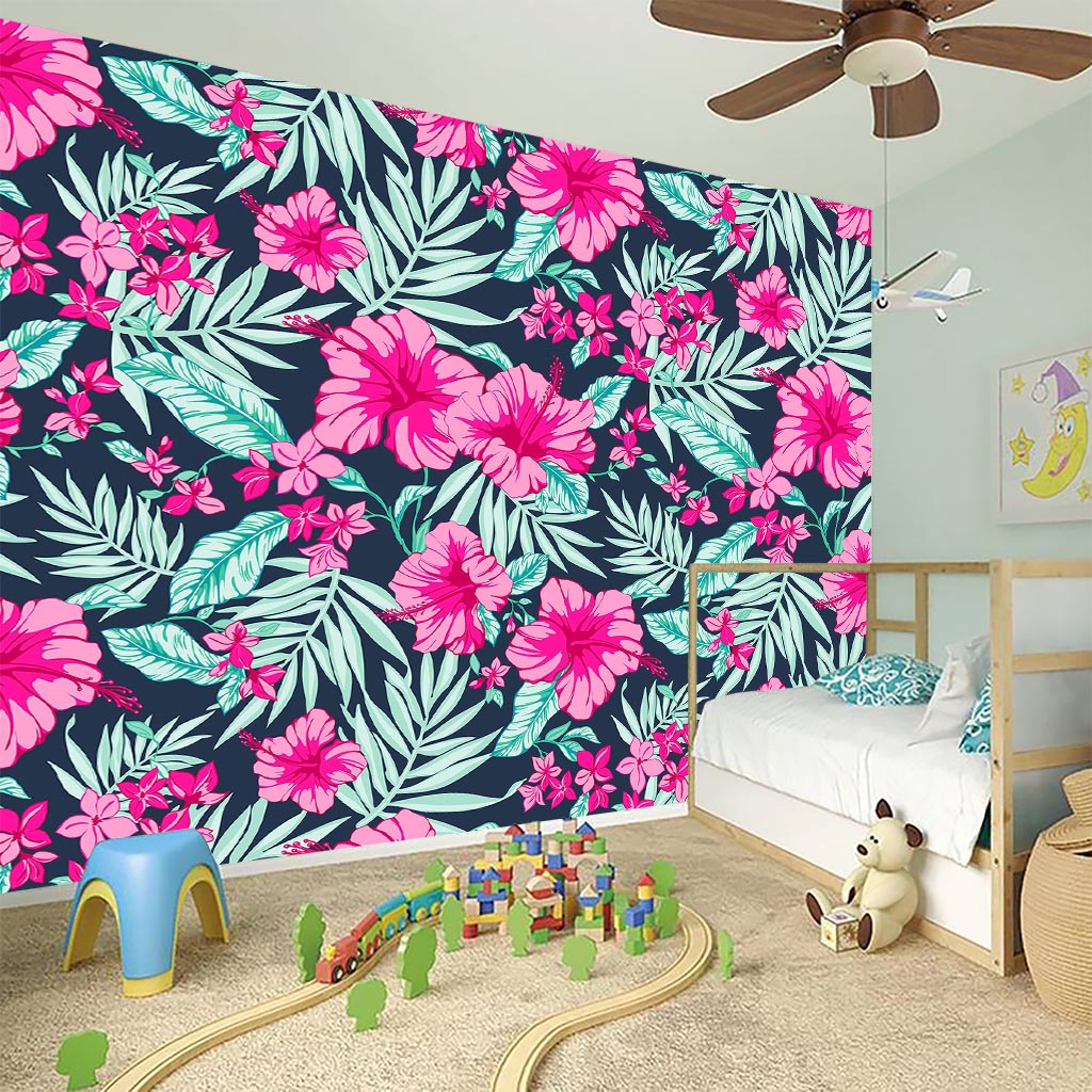 Pink Hibiscus Tropical Pattern Print Wall Sticker