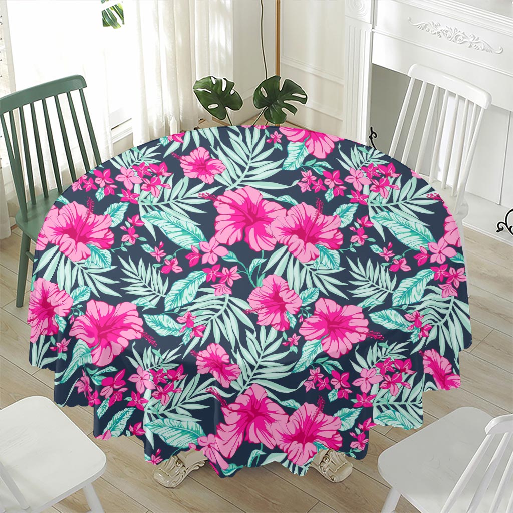 Pink Hibiscus Tropical Pattern Print Waterproof Round Tablecloth