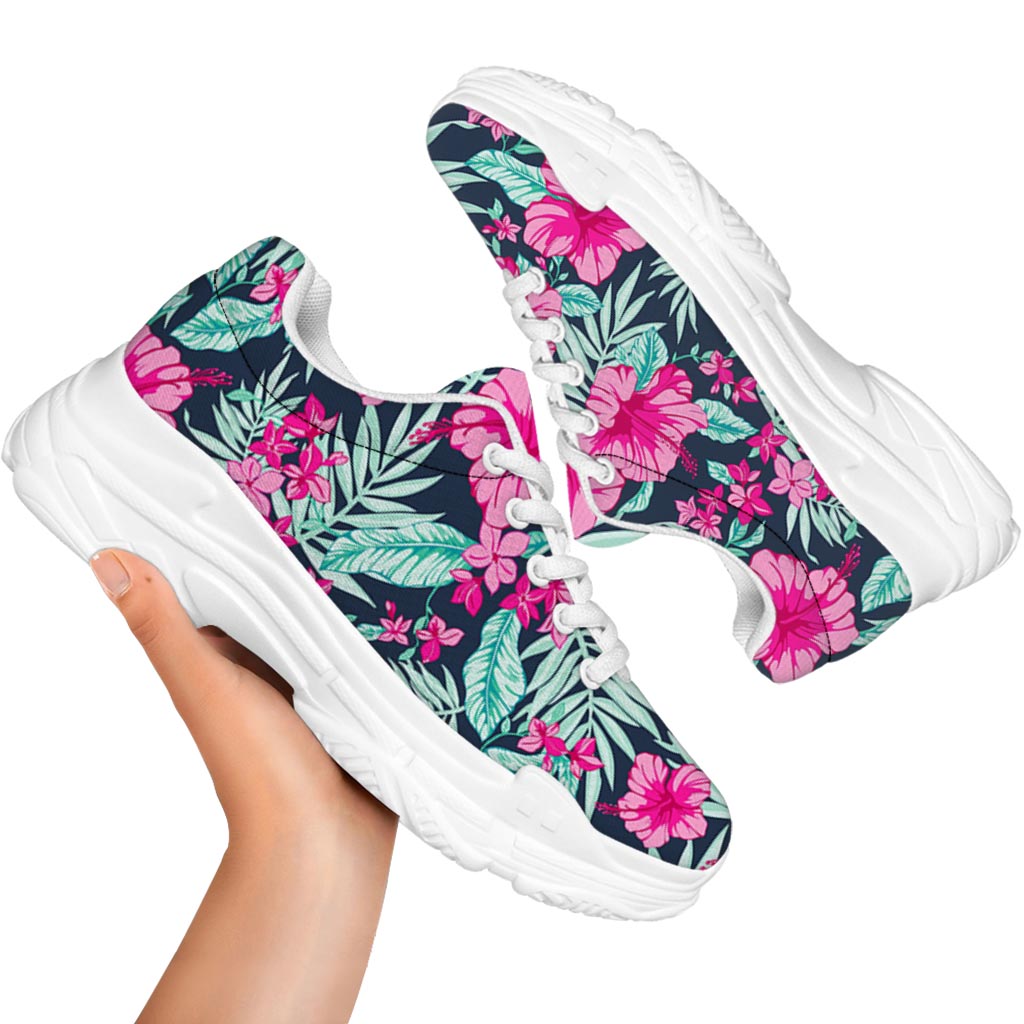 Pink Hibiscus Tropical Pattern Print White Chunky Shoes