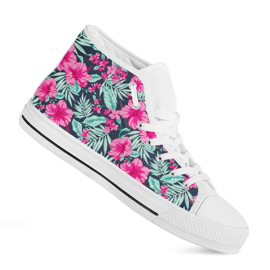 Pink Hibiscus Tropical Pattern Print White High Top Sneakers