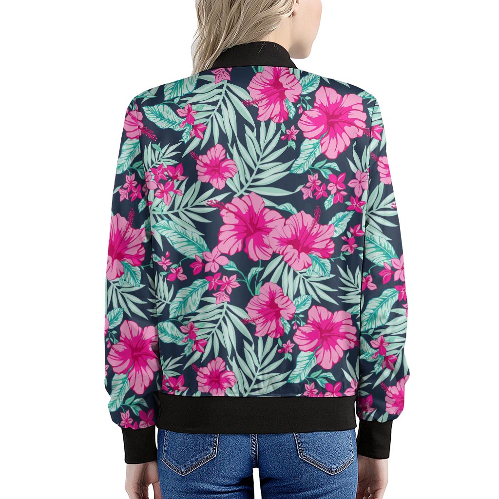 Pink Hibiscus Tropical Pattern Print Women's Bomber Jacket