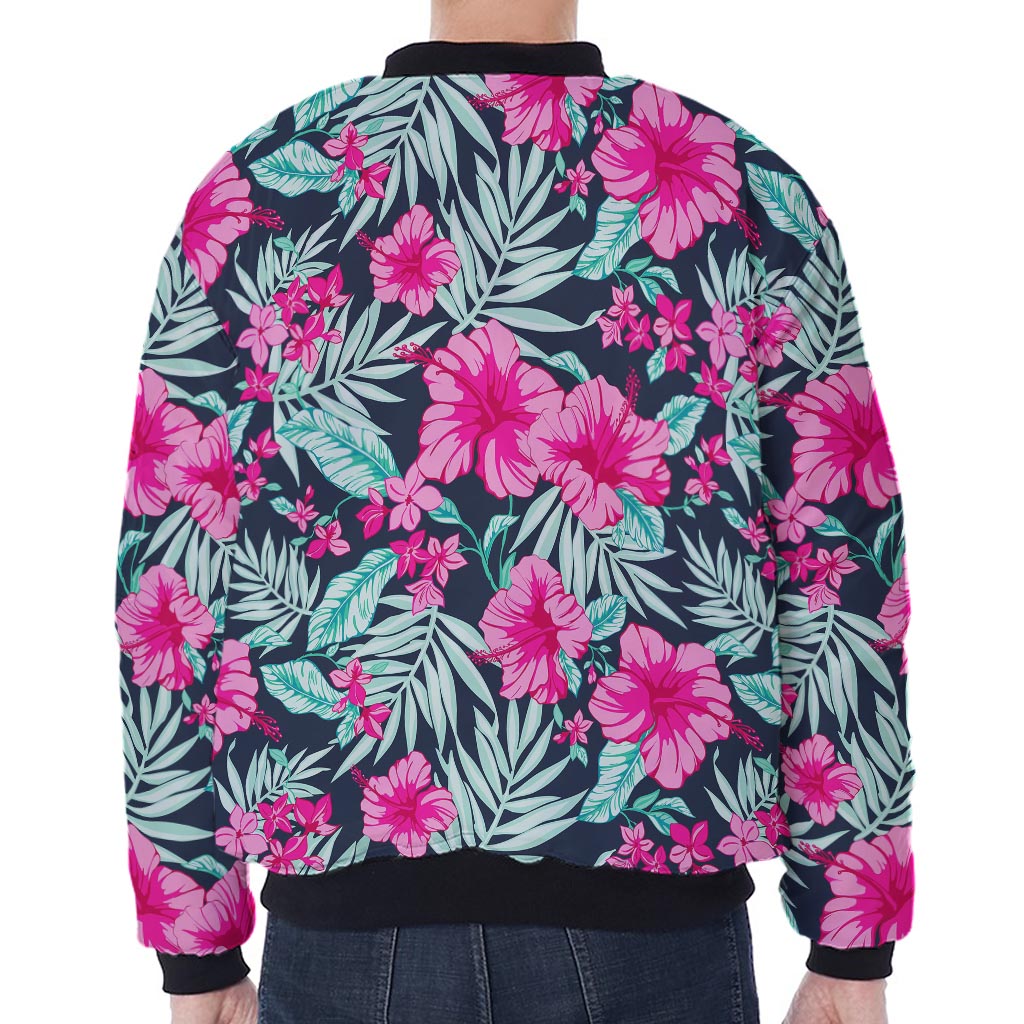 Pink Hibiscus Tropical Pattern Print Zip Sleeve Bomber Jacket