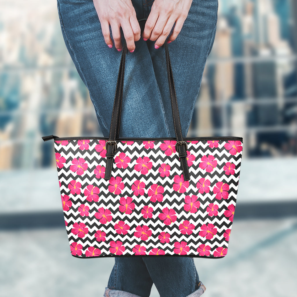 Pink Hibiscus Zigzag Pattern Print Leather Tote Bag