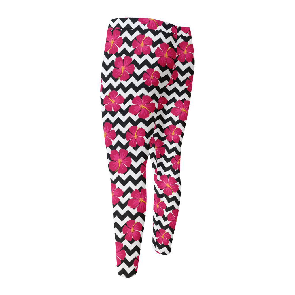 Pink Hibiscus Zigzag Pattern Print Men's Compression Pants