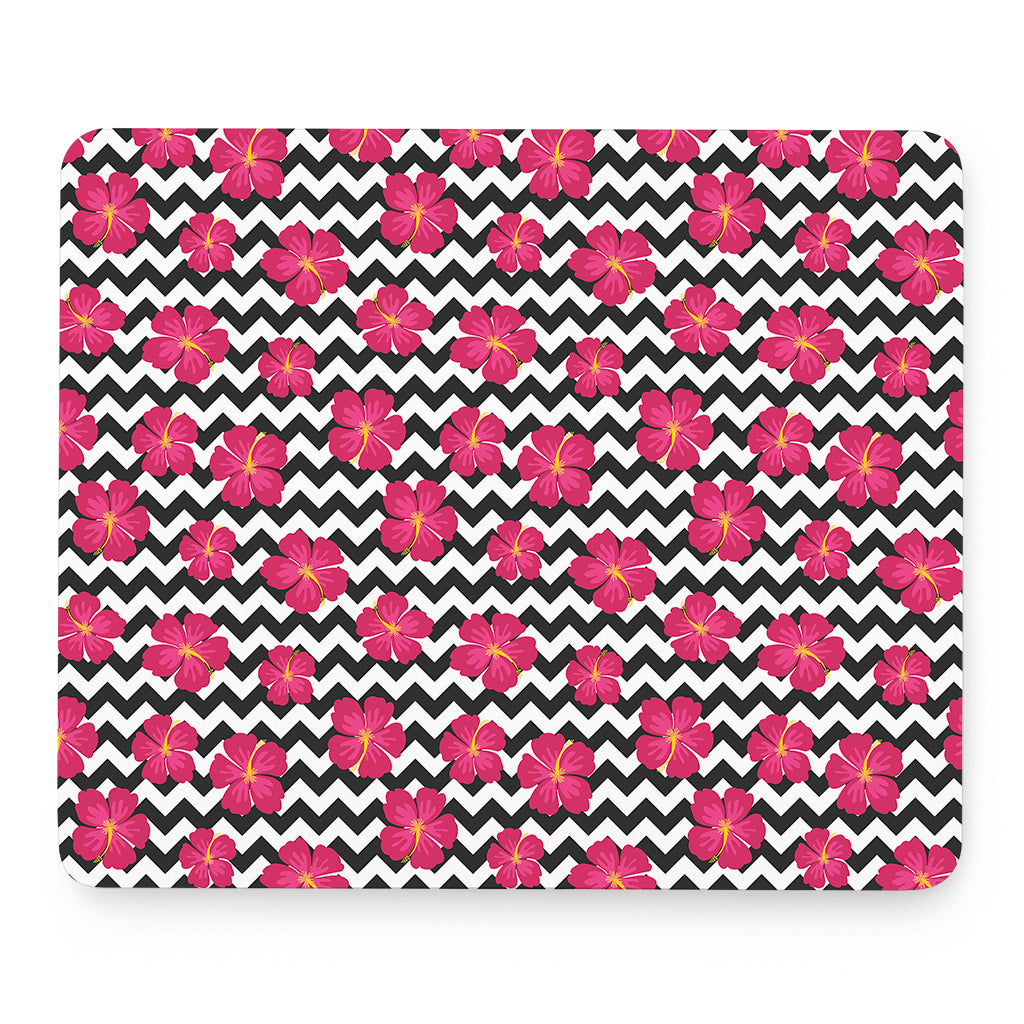 Pink Hibiscus Zigzag Pattern Print Mouse Pad