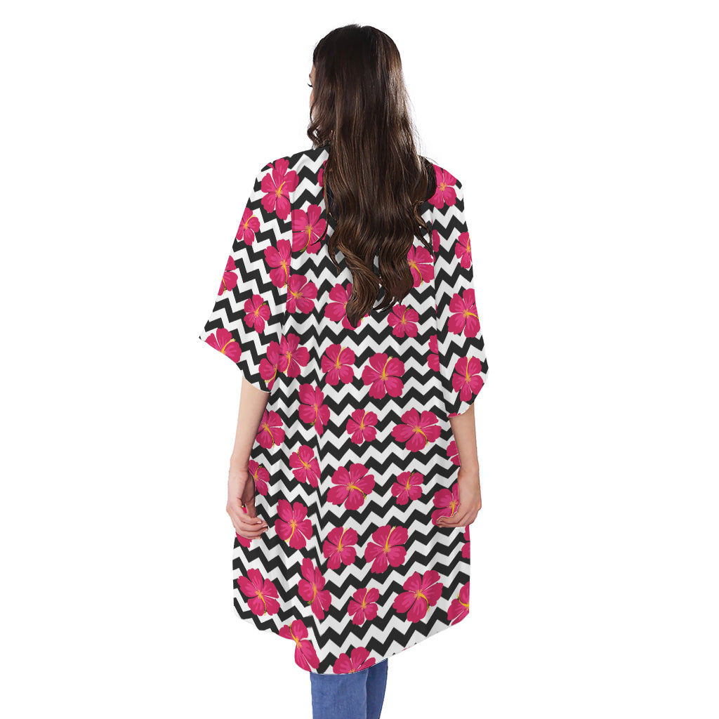 Pink Hibiscus Zigzag Pattern Print Open Front Beach Cover Up