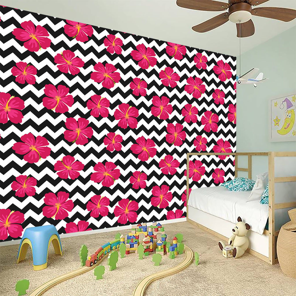 Pink Hibiscus Zigzag Pattern Print Wall Sticker