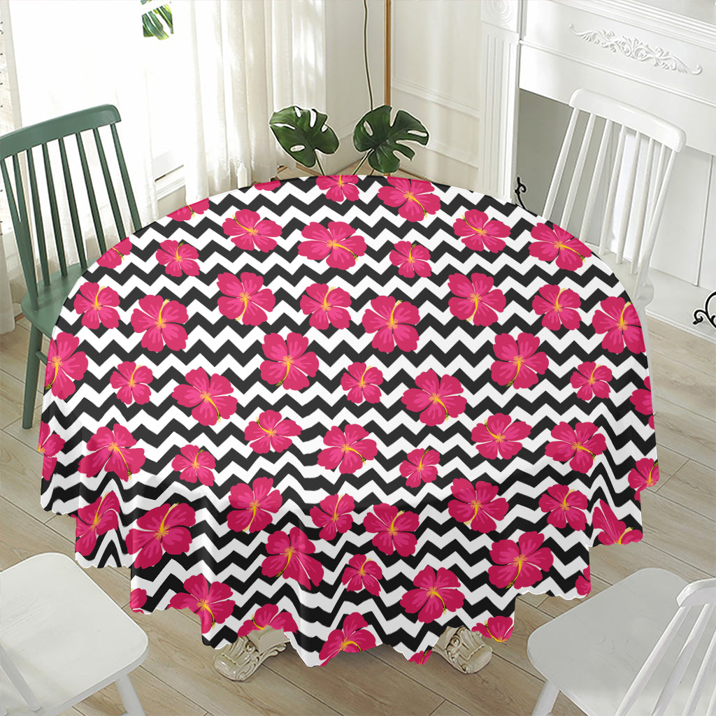 Pink Hibiscus Zigzag Pattern Print Waterproof Round Tablecloth