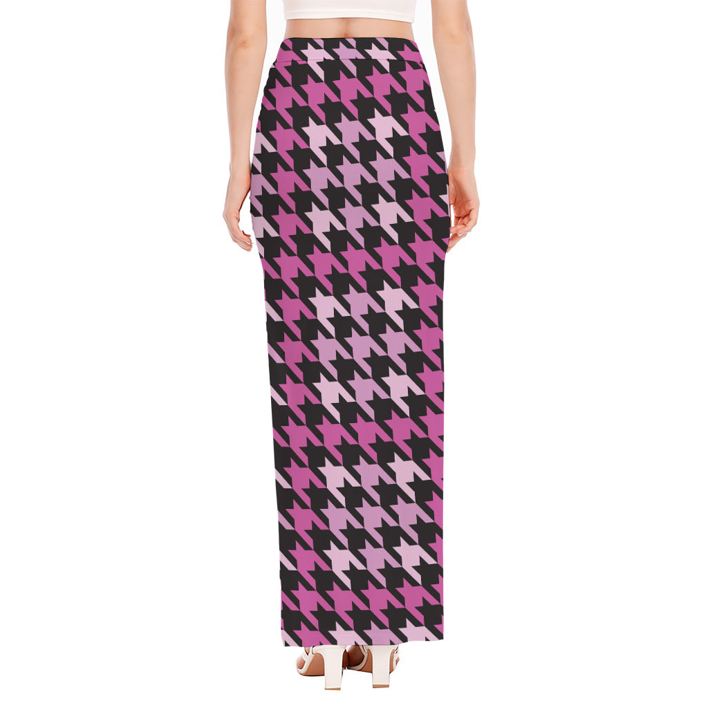Pink Houndstooth Pattern Print High Slit Maxi Skirt