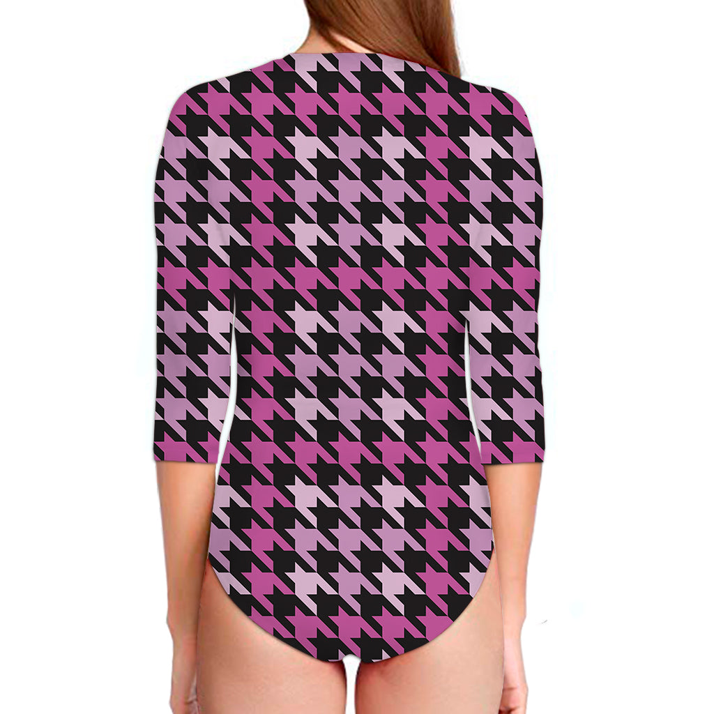 Pink Houndstooth Pattern Print Long Sleeve Swimsuit