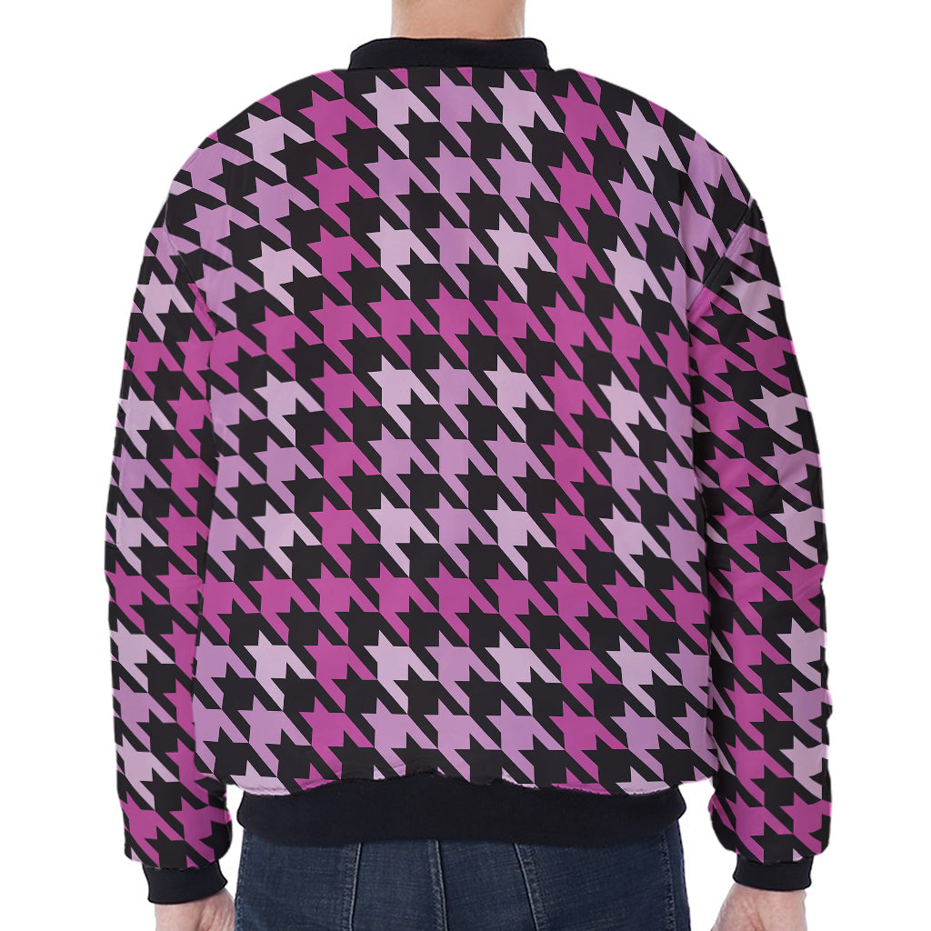 Pink Houndstooth Pattern Print Zip Sleeve Bomber Jacket