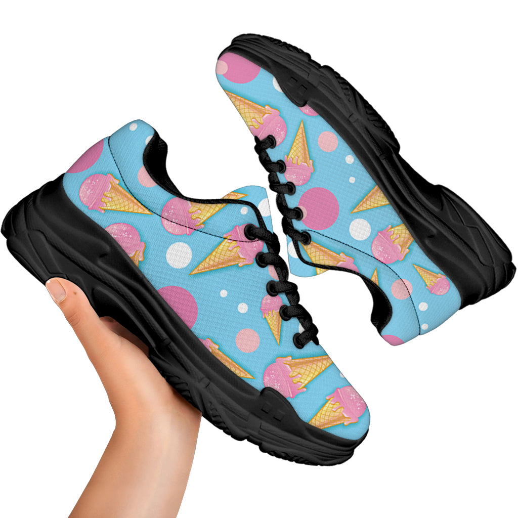 Pink Ice Cream Pattern Print Black Chunky Shoes