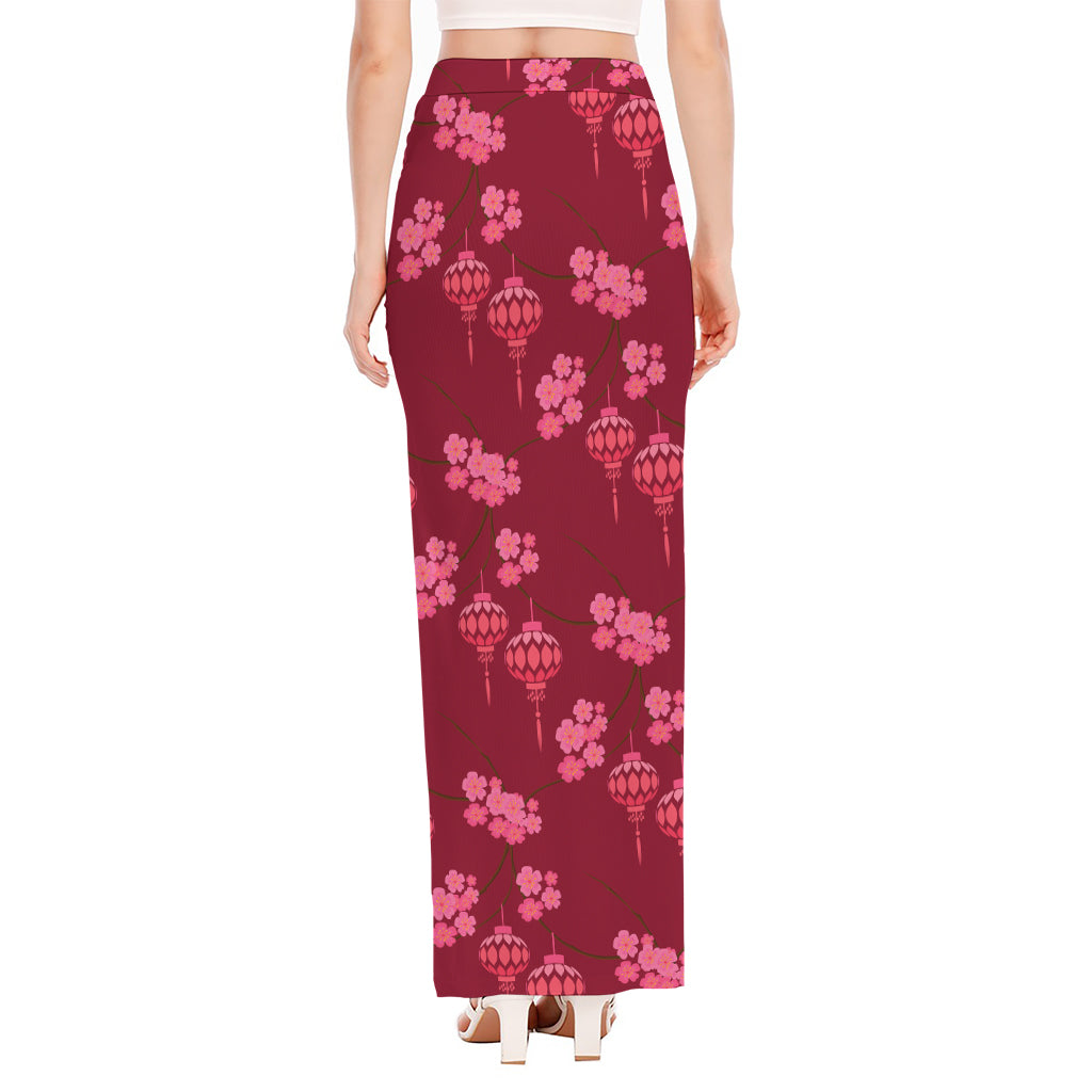 Pink Japanese Lantern Pattern Print High Slit Maxi Skirt