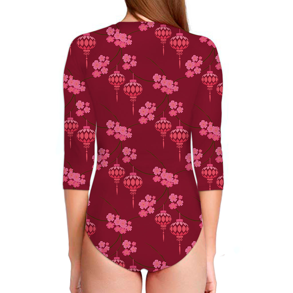 Pink Japanese Lantern Pattern Print Long Sleeve Swimsuit