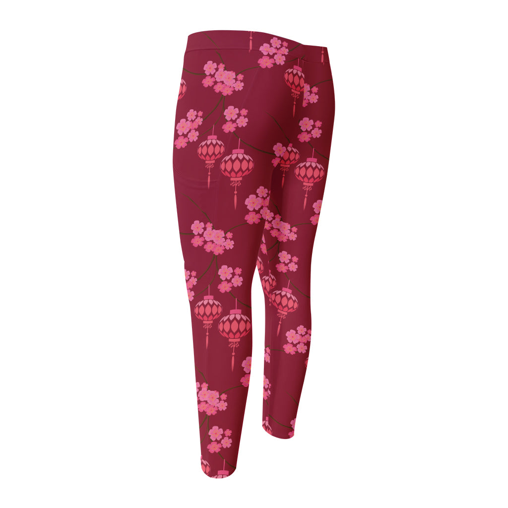 Pink Japanese Lantern Pattern Print Men's Compression Pants