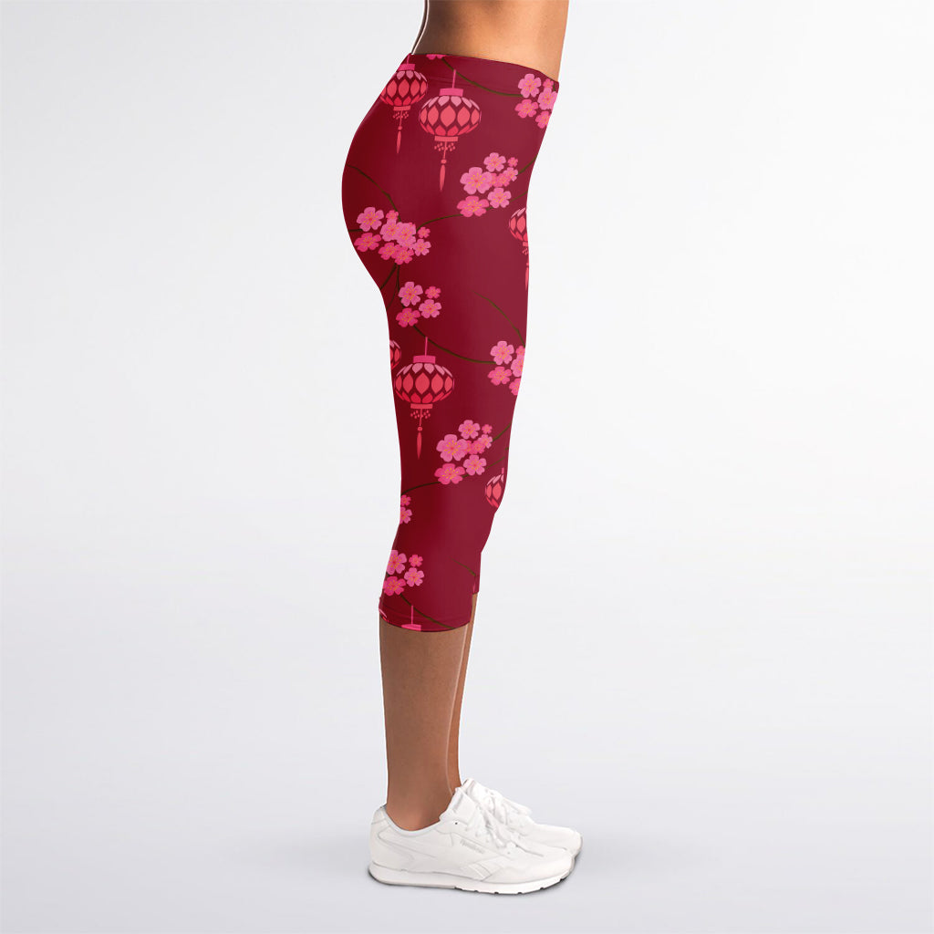 Pink Japanese Lantern Pattern Print Women's Capri Leggings
