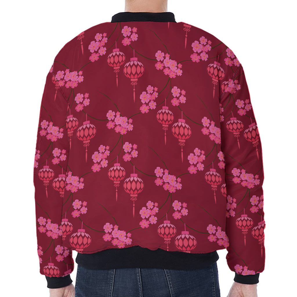 Pink Japanese Lantern Pattern Print Zip Sleeve Bomber Jacket