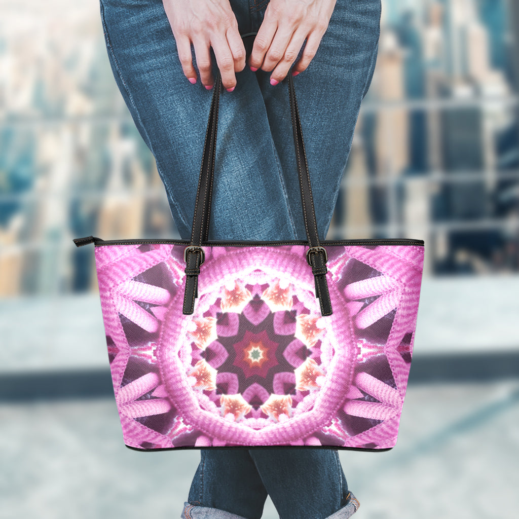 Pink Kaleidoscope Print Leather Tote Bag